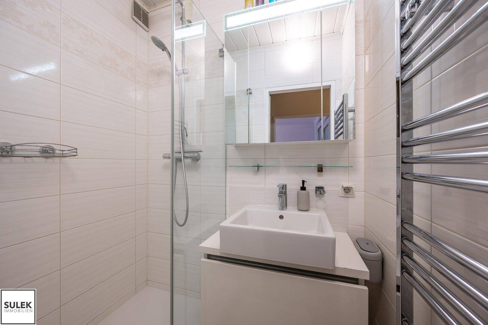 Modernes Badezimmer mit Duschkabine, Waschbecken, Spiegelschrank und Handtuchheizkörper.