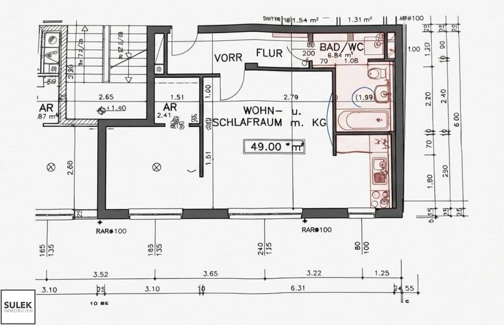 Grundriss des Wohn- und Schlafzimmers mit Bad und WC.