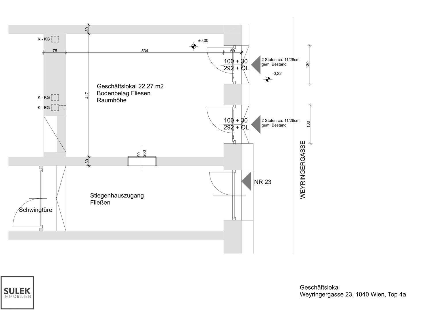 Grundriss eines Geschäftslokals mit einer Fläche von 22,27 m² und Zugang zur Weyringergasse.