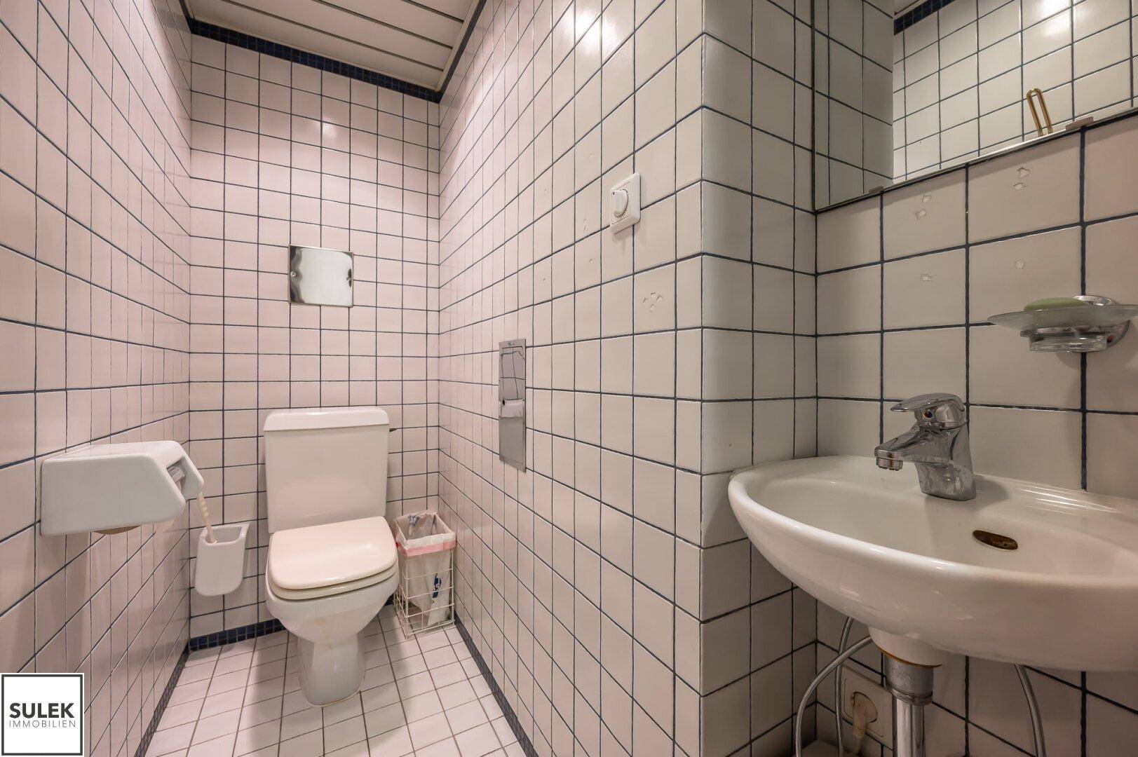 Gefliestes WC mit Waschbecken, Toilette und kleinem Spiegel.