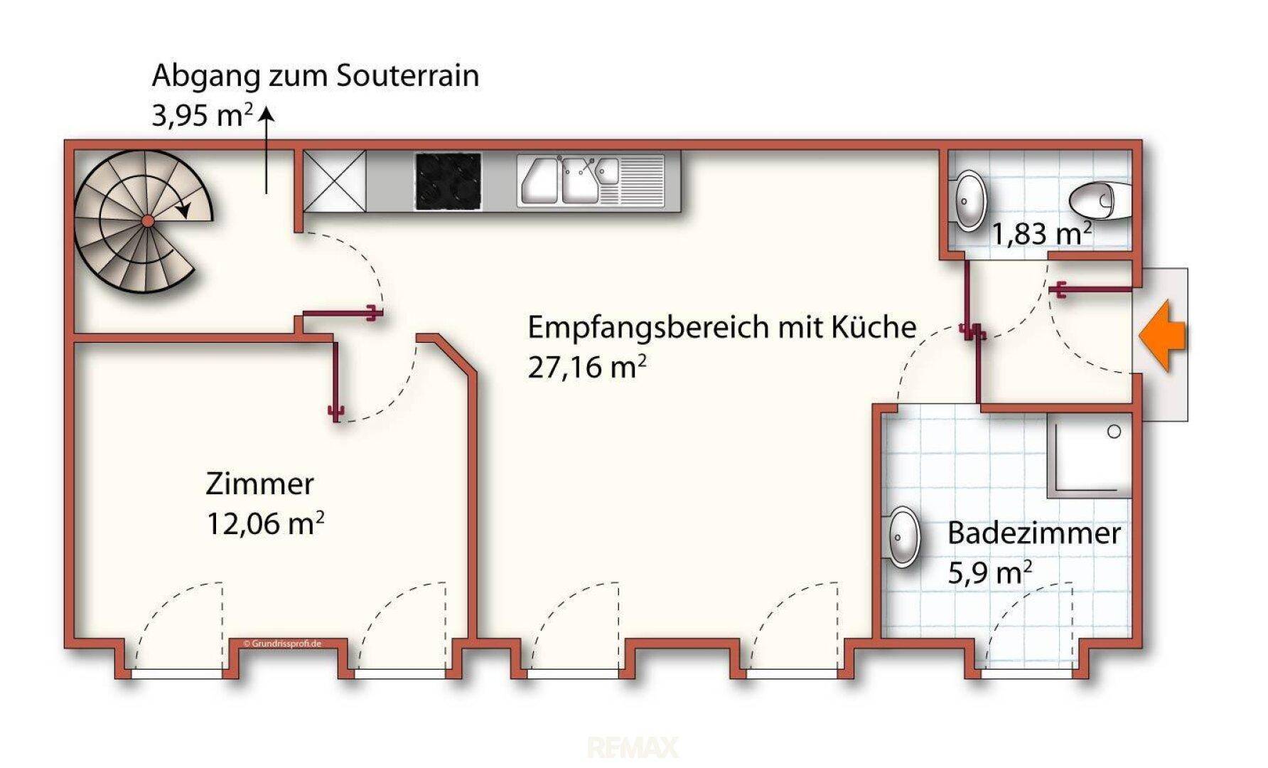 Grundriss des Empfangsbereichs mit integrierter Küche, einem Zimmer und zwei Badezimmern.