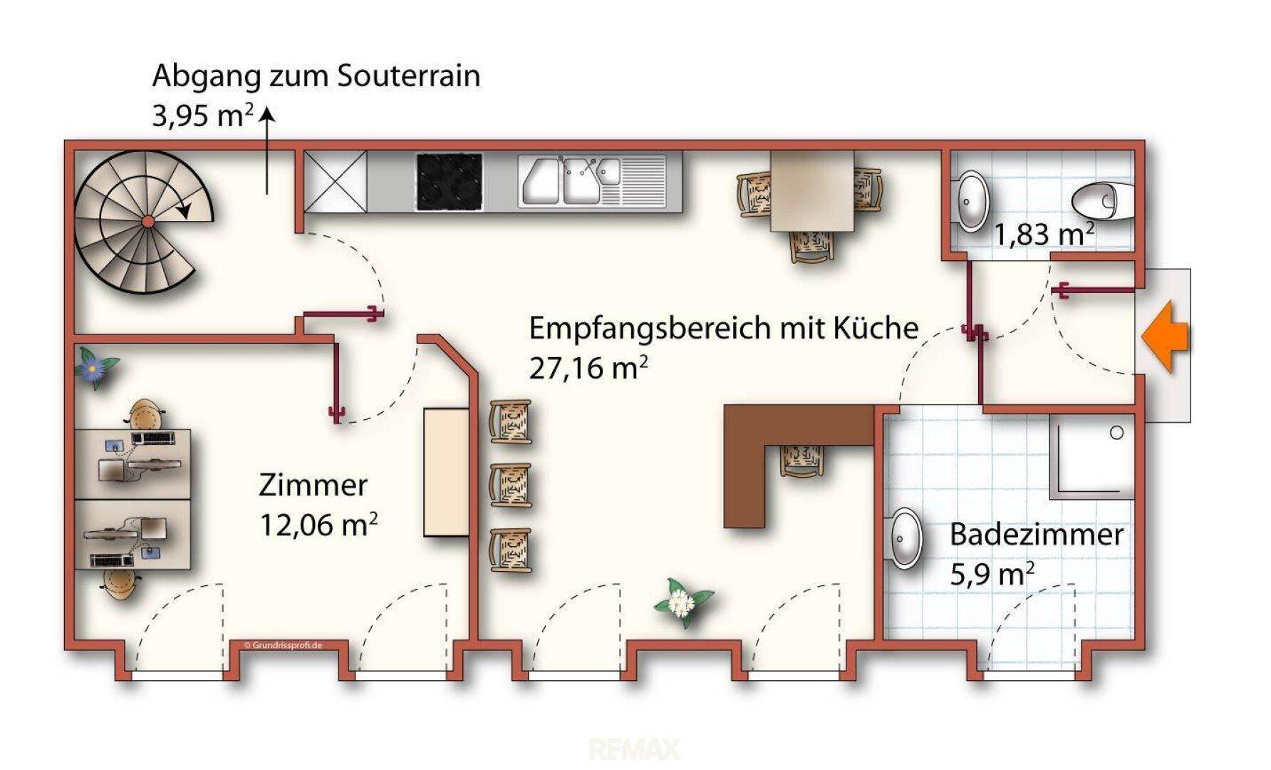 Möblierter Grundriss des Empfangsbereichs mit Küche, einem Zimmer und zwei Badezimmern.