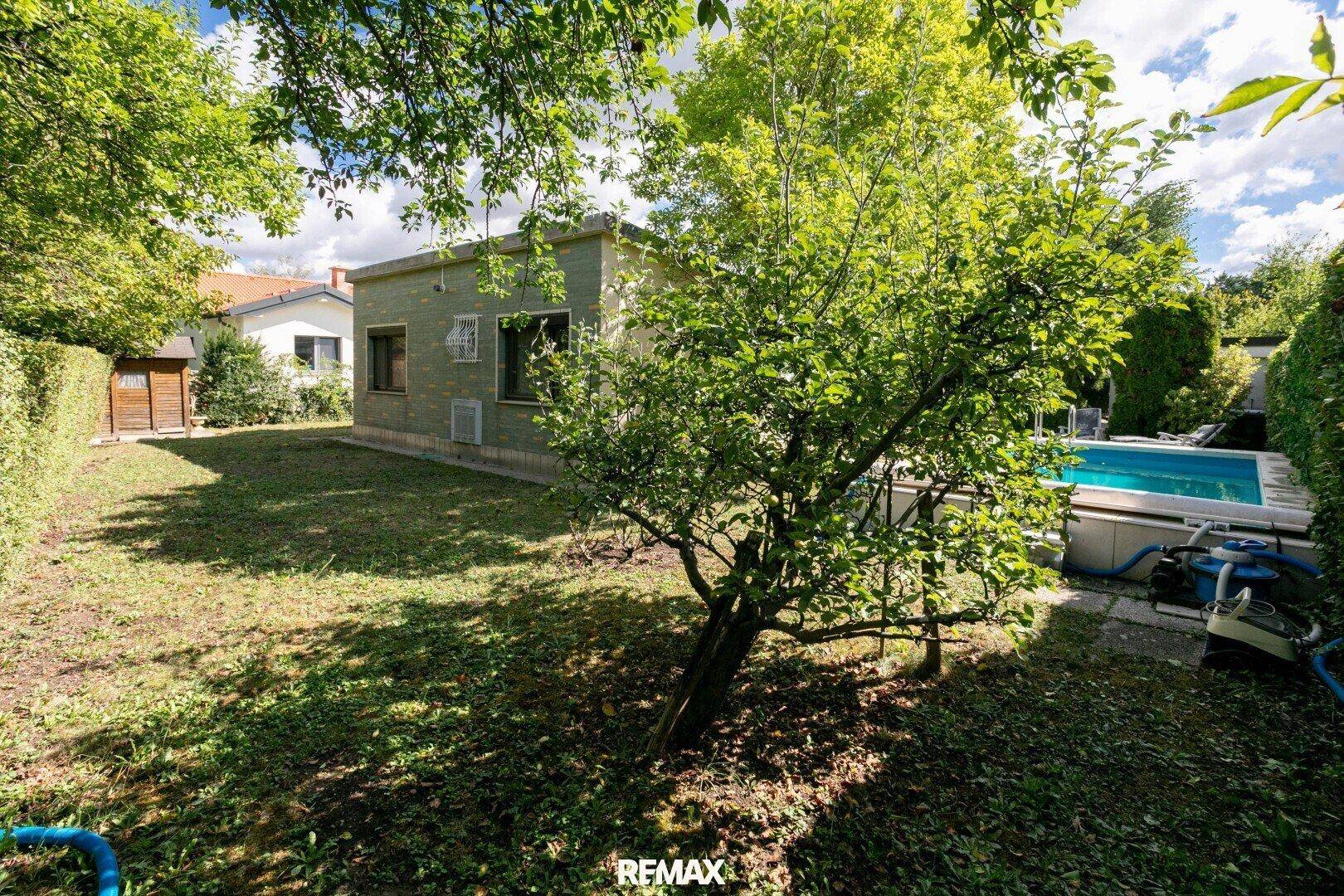 Grüner Gartenbereich mit kleinem Pool und Gartenhaus im Hintergrund.