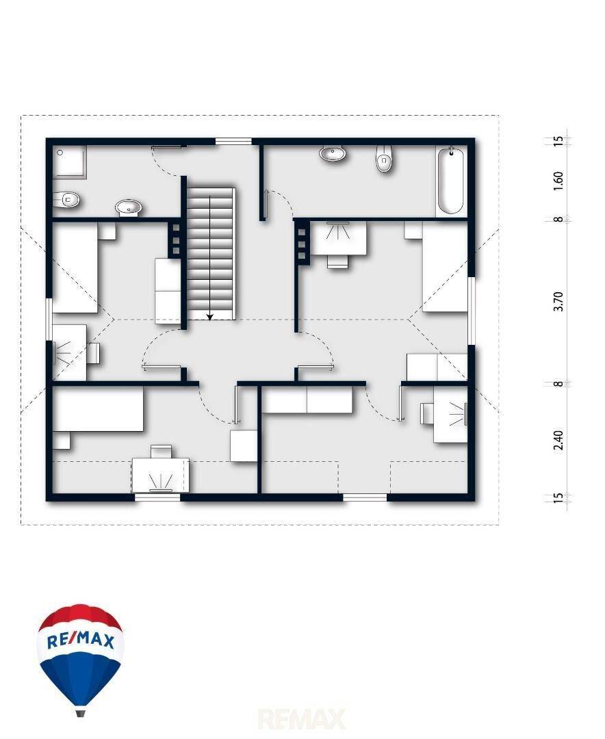Grundriss des Obergeschosses mit Schlafzimmern und Badezimmer, das eine Badewanne zeigt.