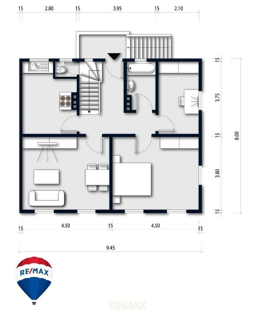 Grundriss des Erdgeschosses mit offenem Wohnbereich, Küche, Schlafzimmer und Bad.
