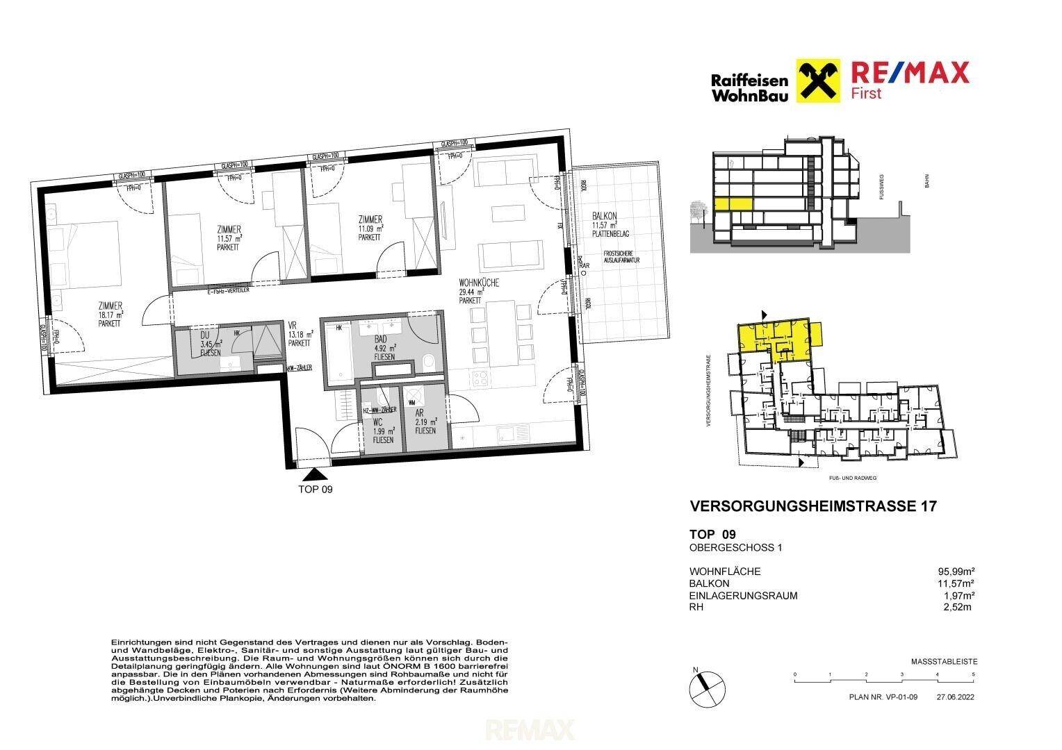 Grundriss einer Wohnung mit drei Zimmern, Balkon und separatem Abstellraum.