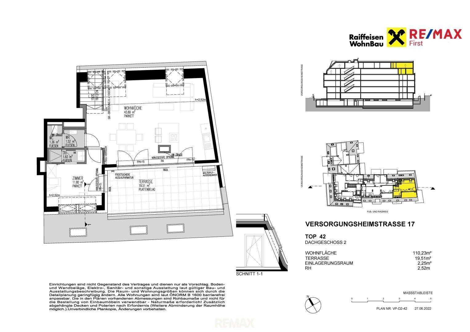 Grundriss des Dachgeschosses 2 mit Wohnfläche, großer Terrasse und Einlagerungsraum, übersichtlich dargestellt.