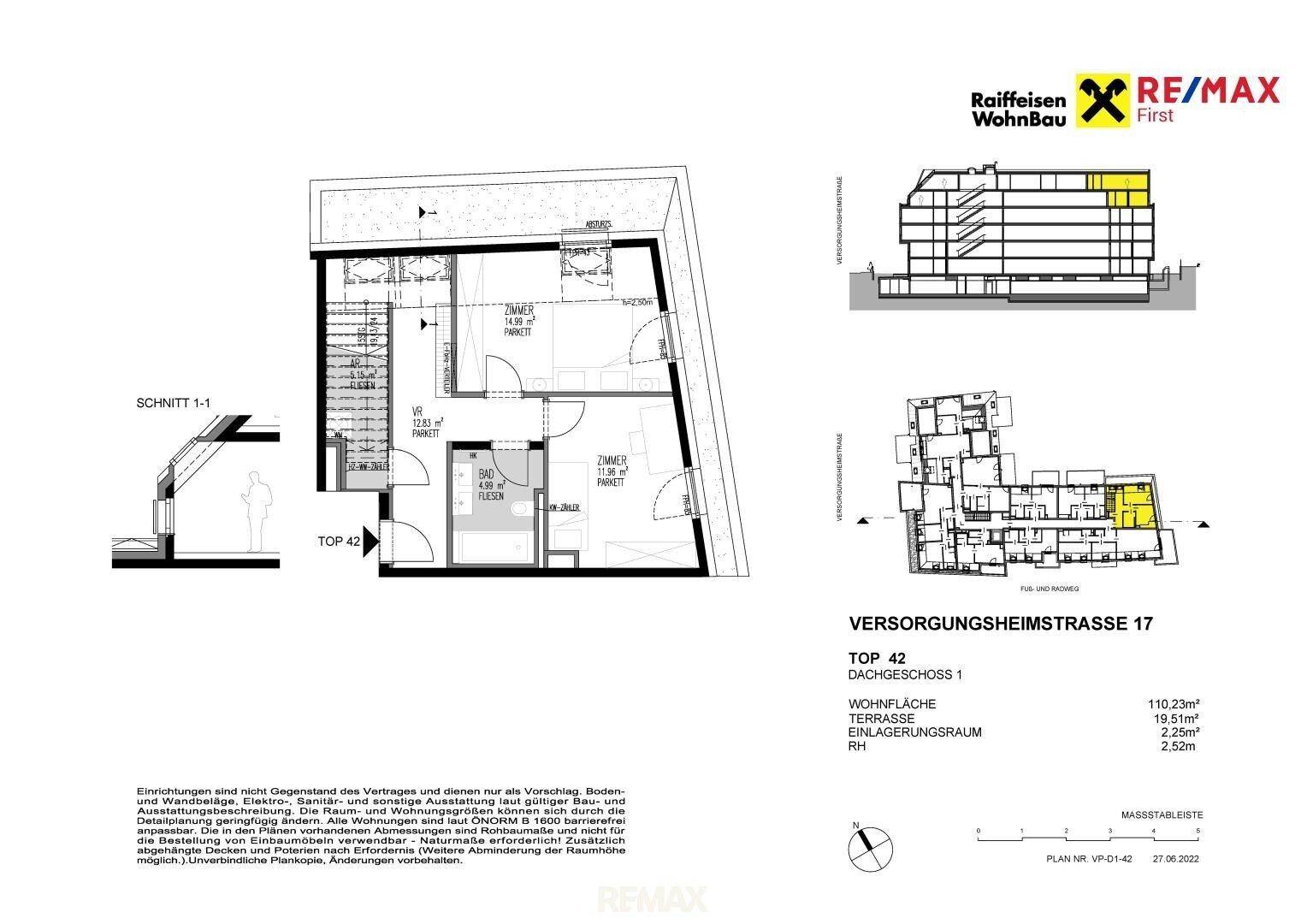 Grundriss des Dachgeschosses 1 mit Wohnfläche, Terrasse und Einlagerungsraum, detailliert dargestellt.
