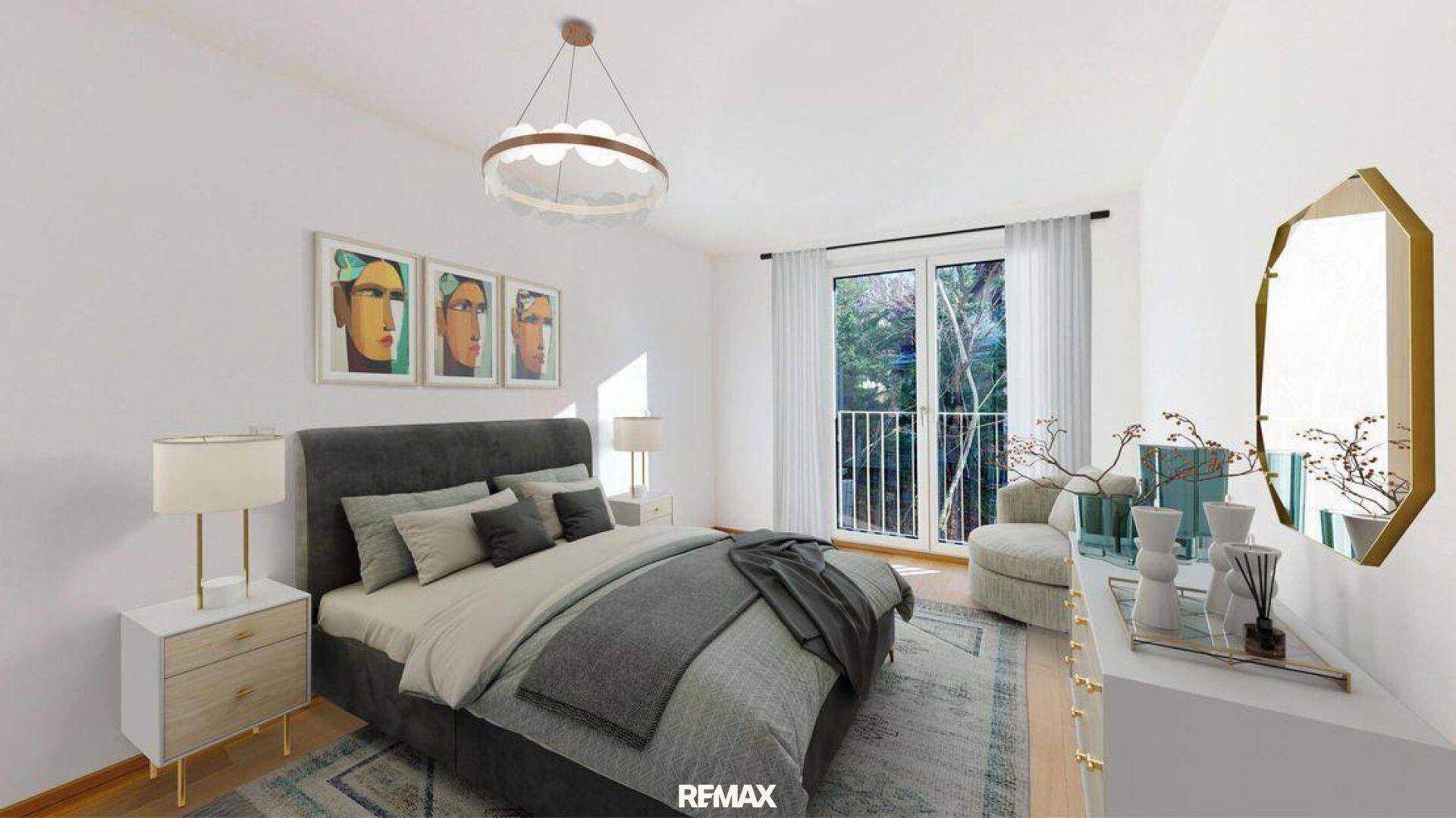 Modernes Schlafzimmer mit Doppelbett, Nachttischen und Zugang zu einem französischen Balkon.
