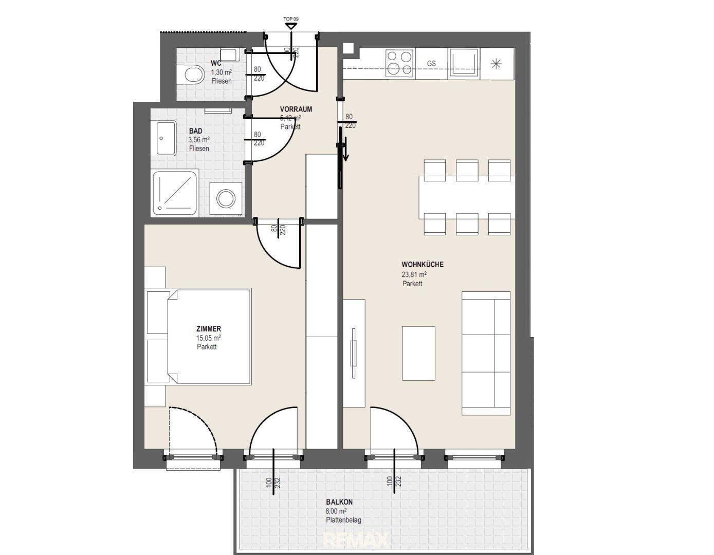 Detaillierter Grundriss einer Wohnung mit Wohnküche, Schlafzimmer und Balkon.