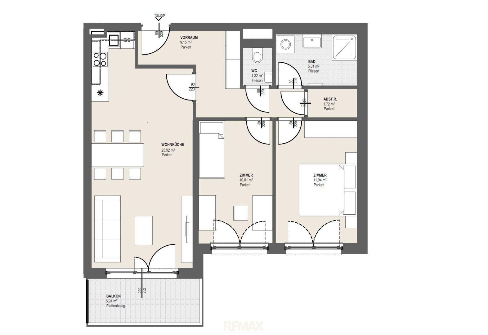 Grundriss der Wohnung mit offenem Wohn-Essbereich, zwei Zimmern und Balkon.