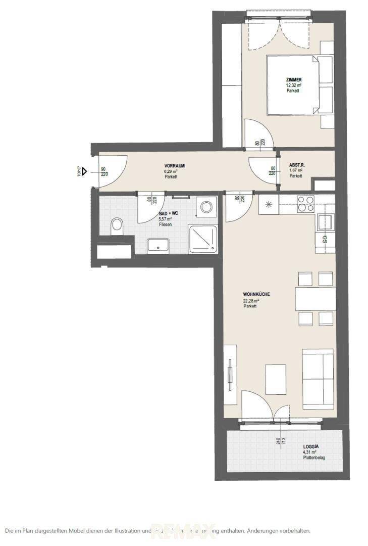 Grundriss der Wohnung mit Wohnküche, Schlafzimmer, Bad und einer Loggia als Außenbereich.