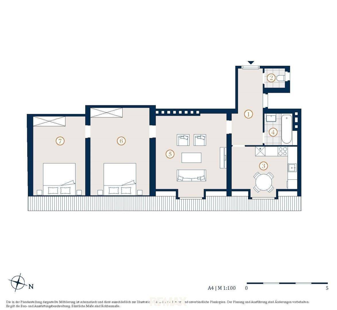 Detaillierter Grundriss einer Wohnung mit mehreren Zimmern und funktionaler Aufteilung.