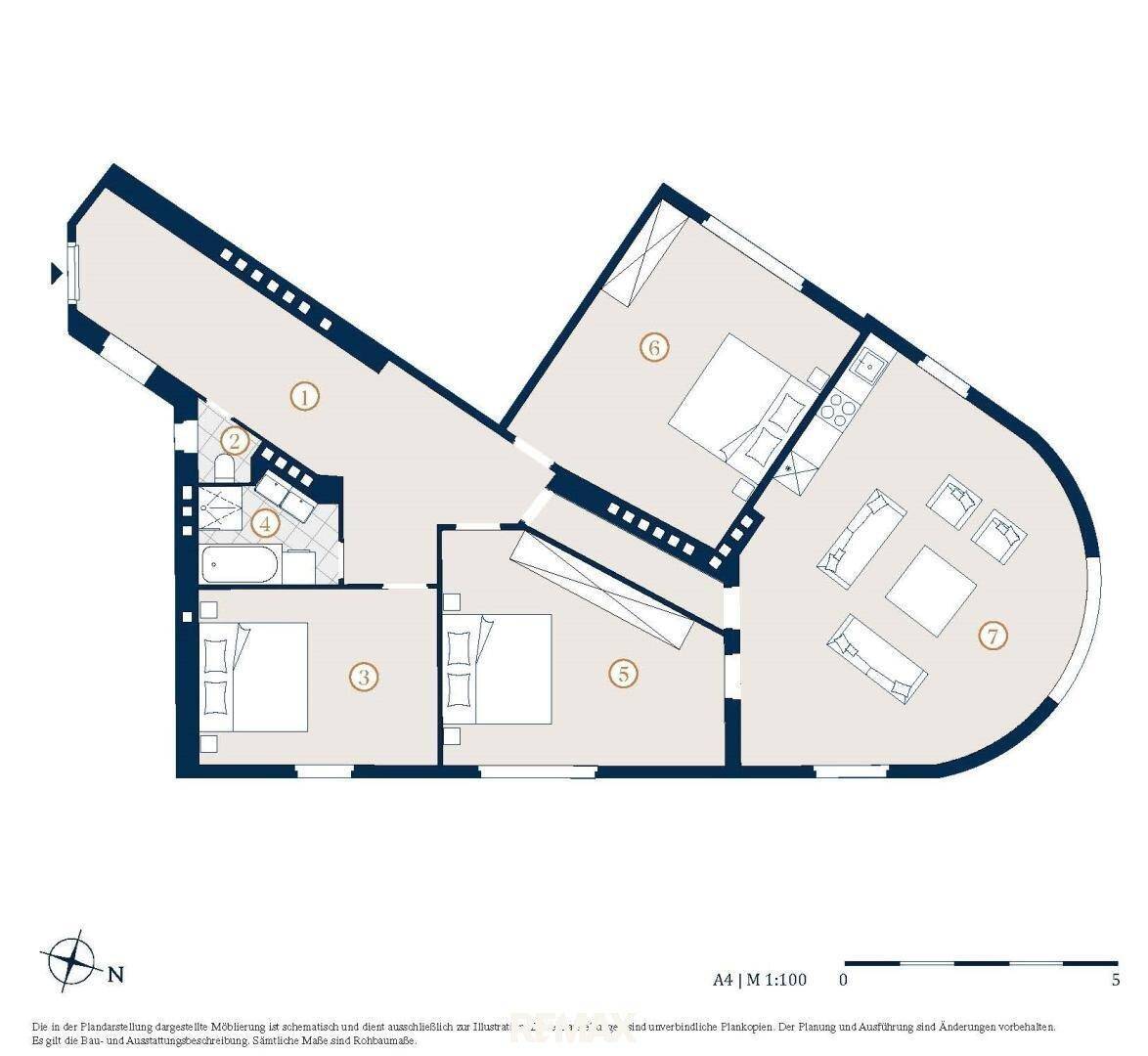 Detaillierter Grundriss der Wohnung mit Raumaufteilung und Möblierungsvorschlägen.