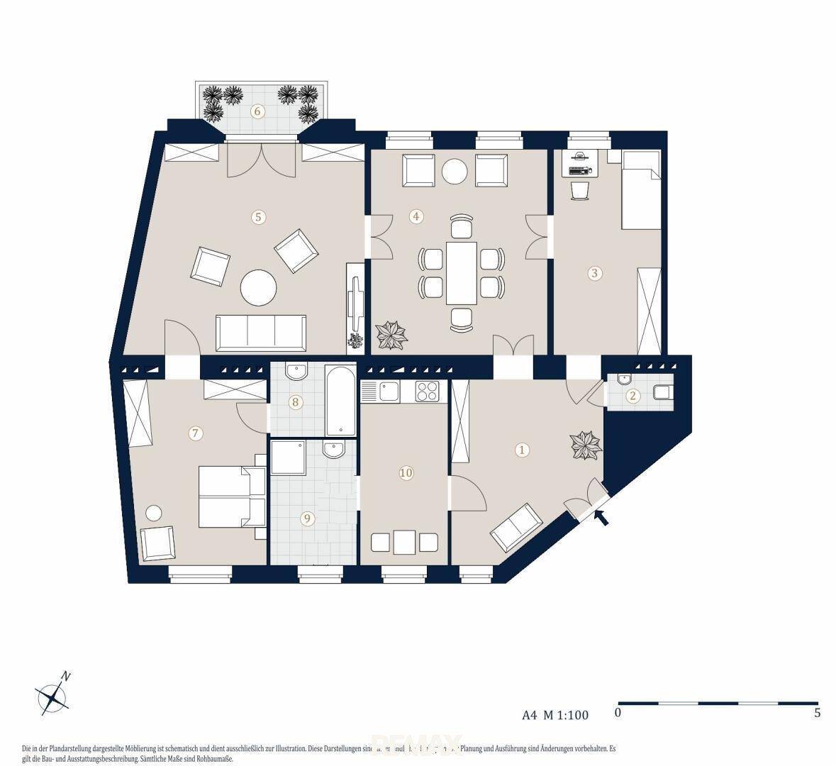 Detaillierter Grundriss einer Wohnung mit mehreren Zimmern und einem Balkon.