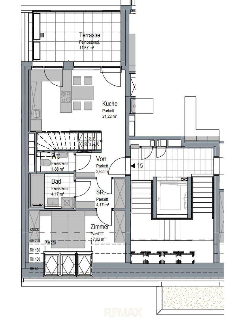 Grundriss des unteren Geschosses mit Küche, Bad, WC, Zimmer und Terrasse.