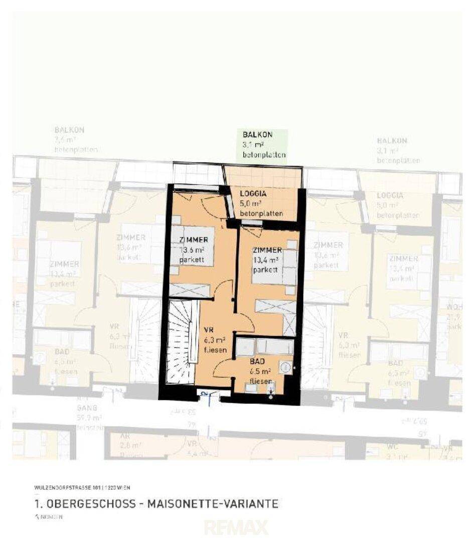 Grundriss des 1. Obergeschosses einer Maisonette-Variante mit Balkon, Loggia und Badezimmer.