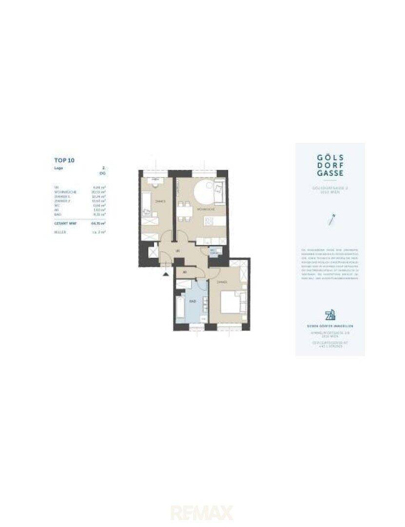 Grundriss der Wohnung "TOP 10" mit zwei Schlafzimmern und offenem Wohnbereich.