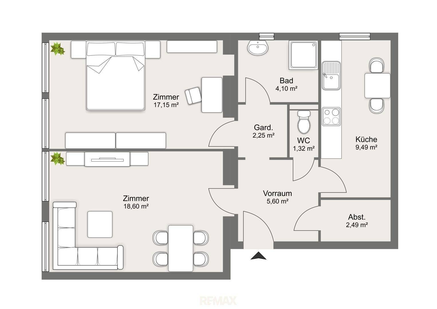 Grundriss einer Wohnung mit zwei Zimmern, Bad, WC und separater Küche.