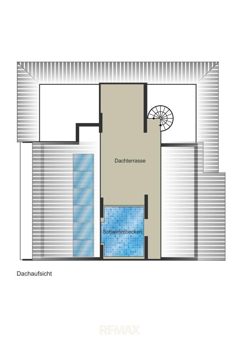 Dachaufsicht mit großer Dachterrasse und integriertem Schwimmbecken.