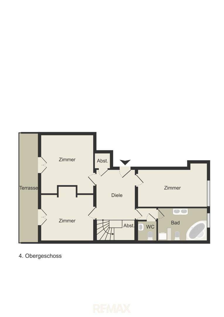 Grundriss des 4. Obergeschosses mit drei Zimmern, Bad, WC, Diele und einer Terrasse.