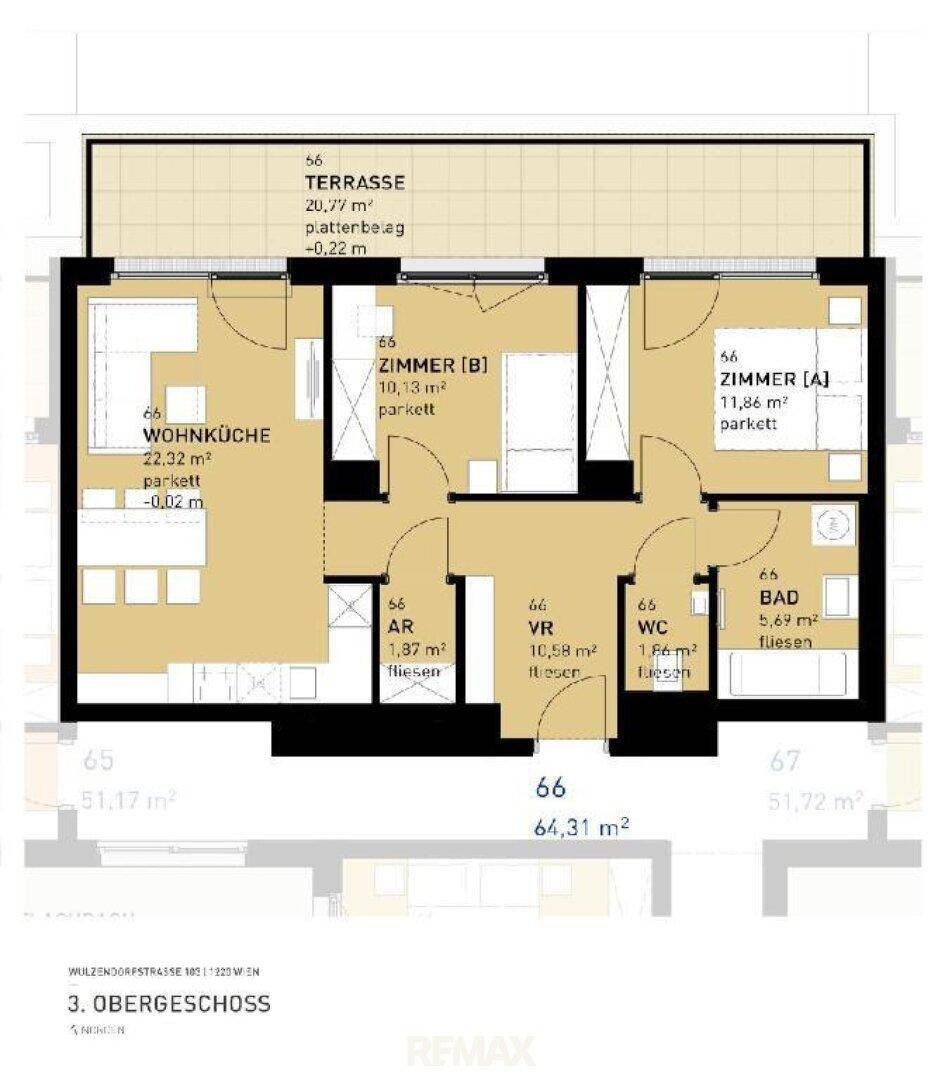 Grundriss einer Wohnung mit zwei Schlafzimmern, offener Wohnküche, Bad, WC und großer Terrasse.