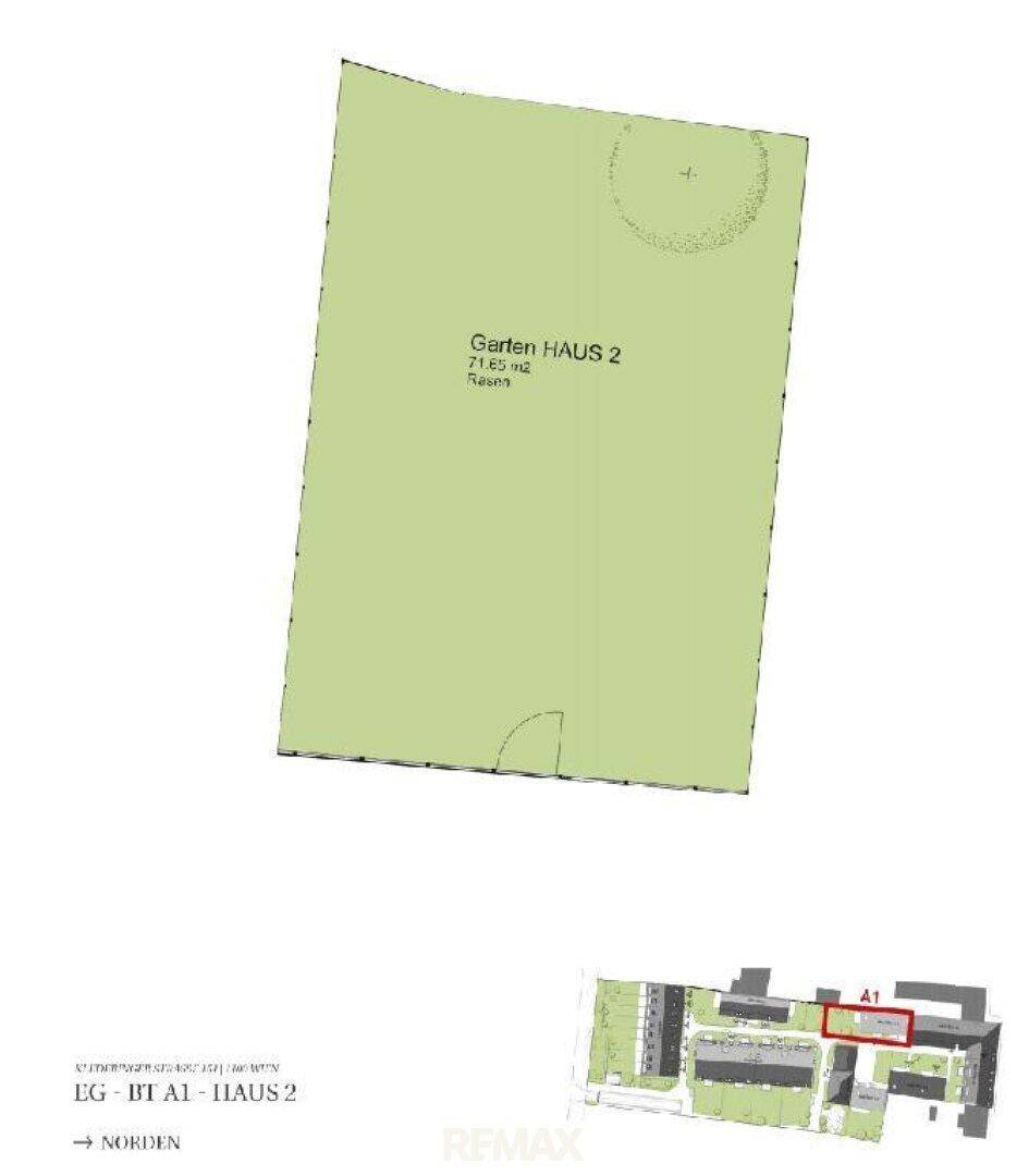 Grundriss des Gartens von Haus 2 mit Rasenfläche und Baumbepflanzung.