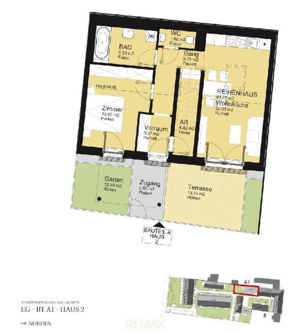 Grundriss des Erdgeschosses mit Wohnküche, Bad, Zimmer, Garten und Terrasse.