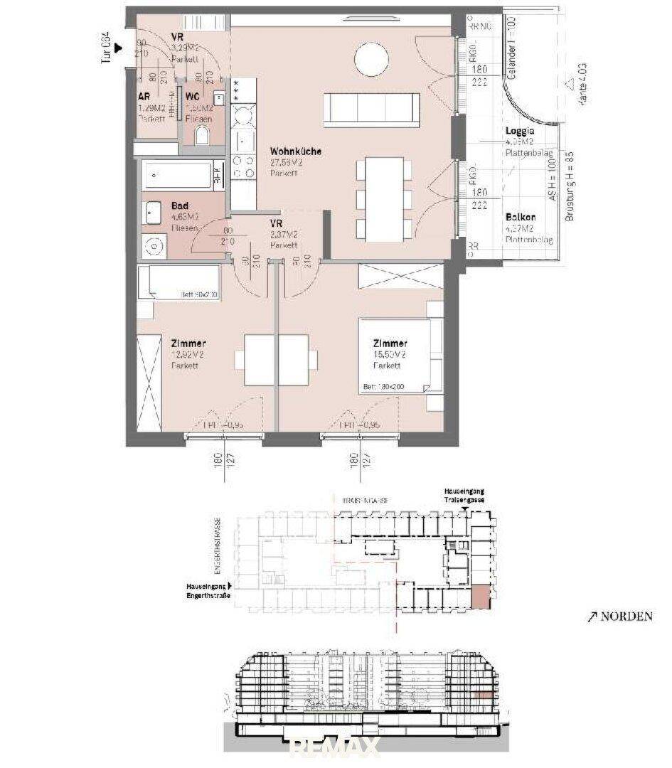 Detaillierter Grundriss einer Wohnung mit Wohnküche, zwei Zimmern, Bad, separatem WC, Loggia und Balkon.