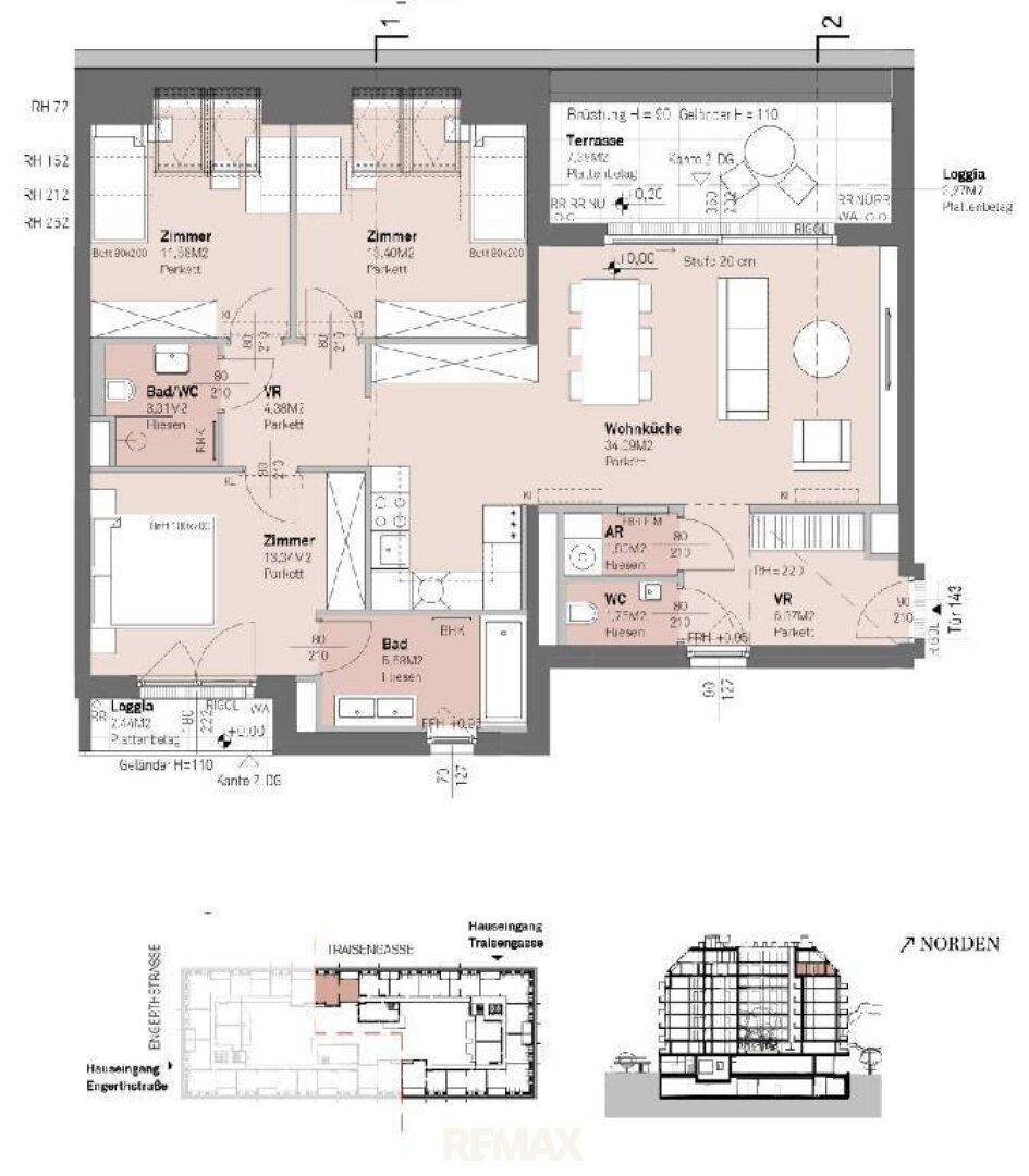 Detaillierter Grundriss einer Wohnung mit Wohnküche, Terrasse und Loggia.