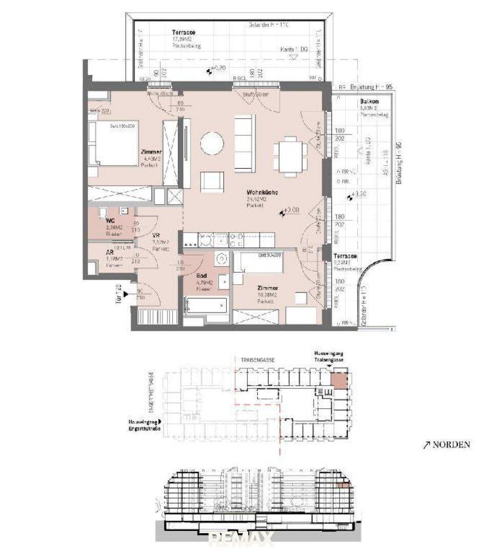 Detaillierter Grundriss einer Wohnung mit Terrasse, Balkon und mehreren Zimmern.
