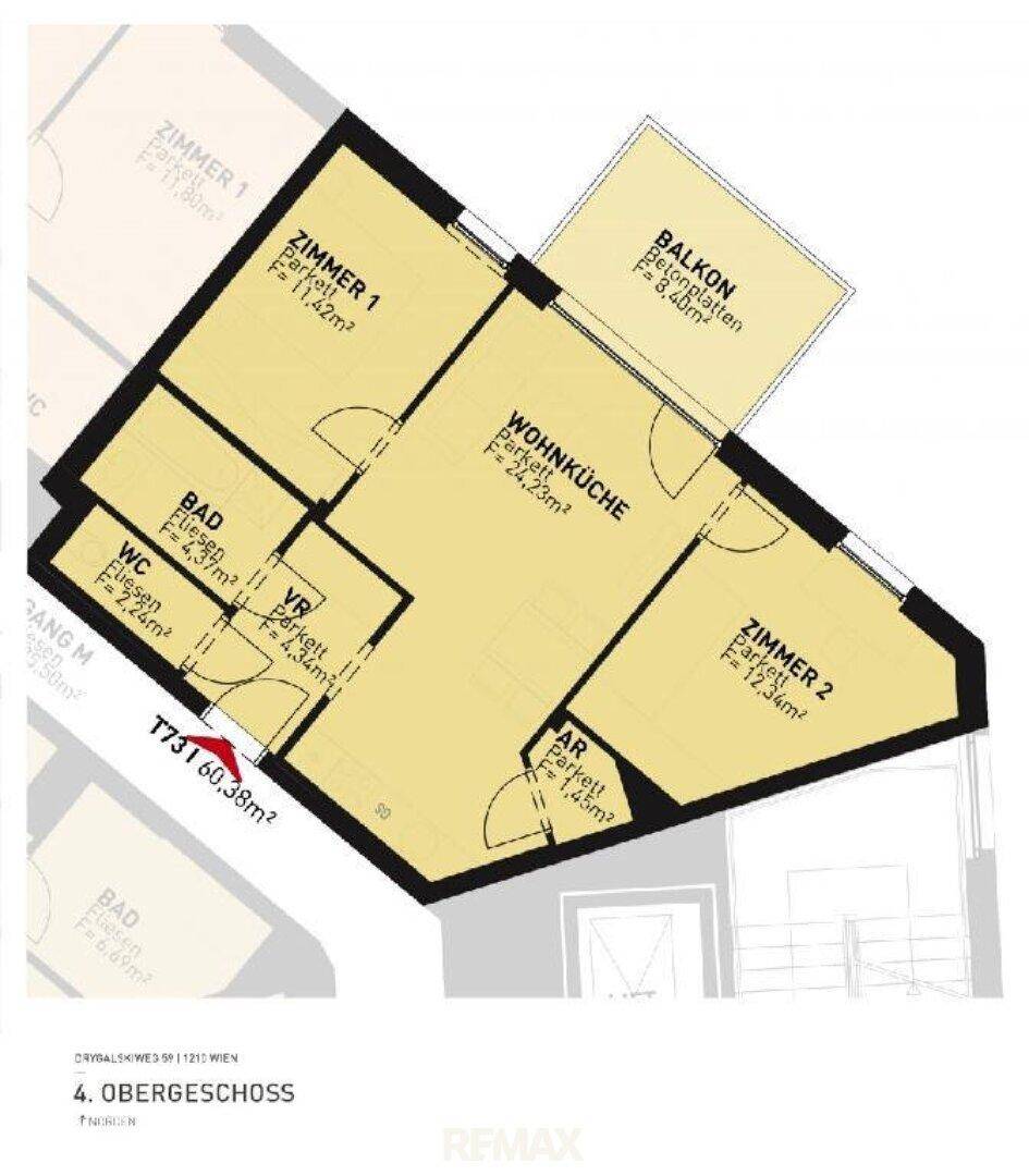 Grundriss einer Wohnung im 4. Obergeschoss mit Wohnküche, zwei Zimmern und Balkon.