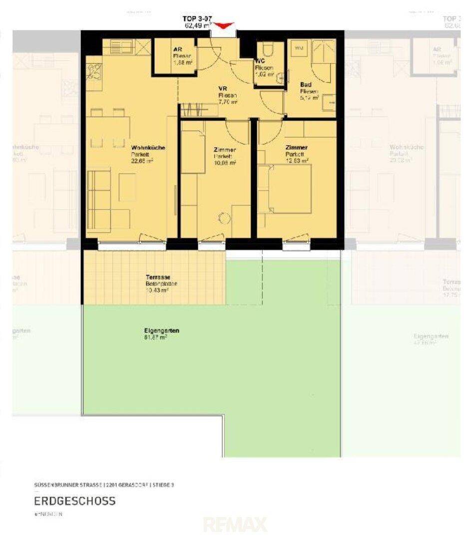 Grundriss einer Erdgeschosswohnung mit offener Wohnküche, zwei Zimmern, Bad, WC, Terrasse und Garten.