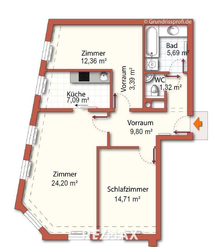 unmöblierter Grundriss mit Quadratmeter