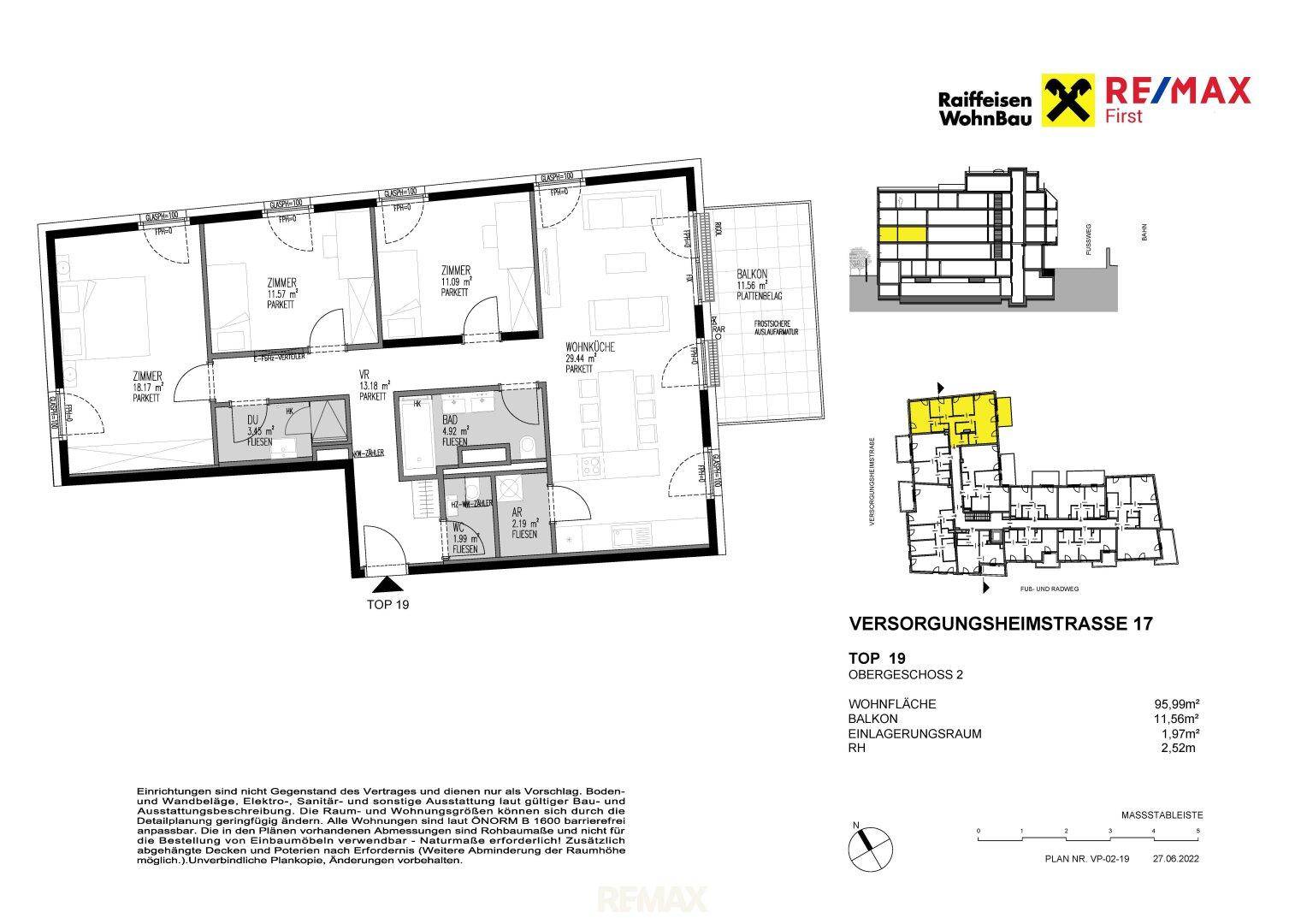 Grundriss der Wohnung TOP 19 mit drei Zimmern, Balkon und offenem Wohnbereich.
