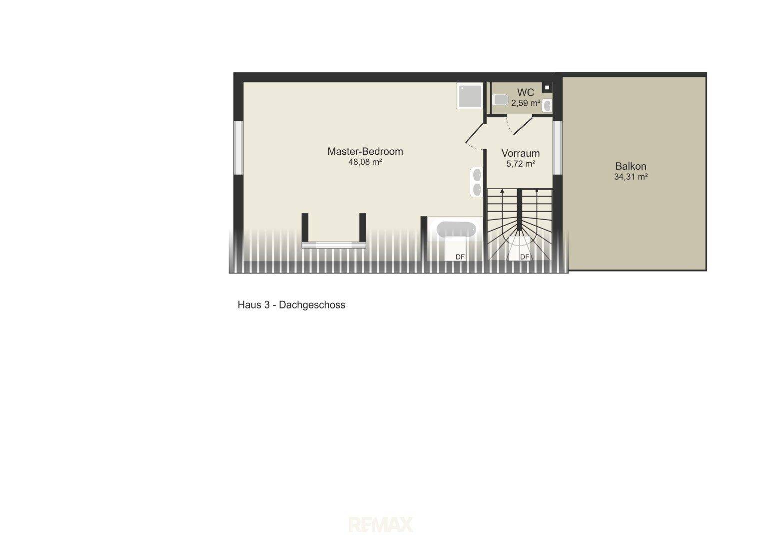 Grundriss des Dachgeschosses mit Master-Schlafzimmer, WC und großem Balkon.