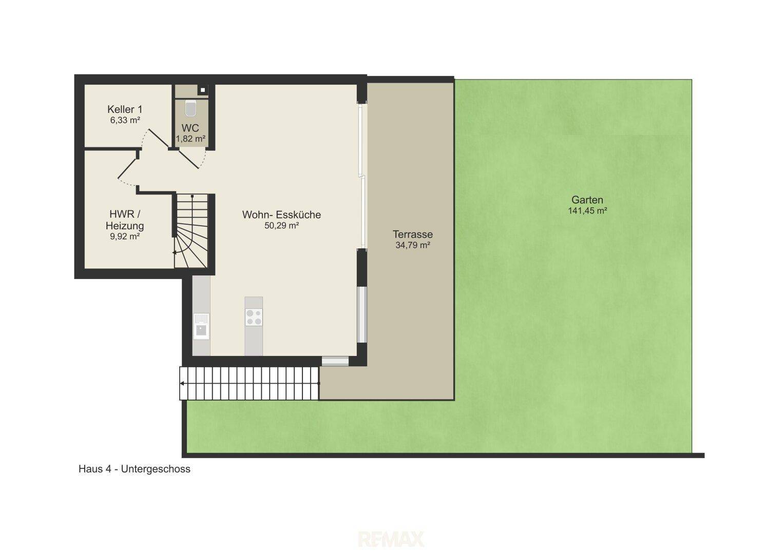 Grundriss des Untergeschosses mit Wohn-Essküche, Terrasse, Garten und Kellerräumen.