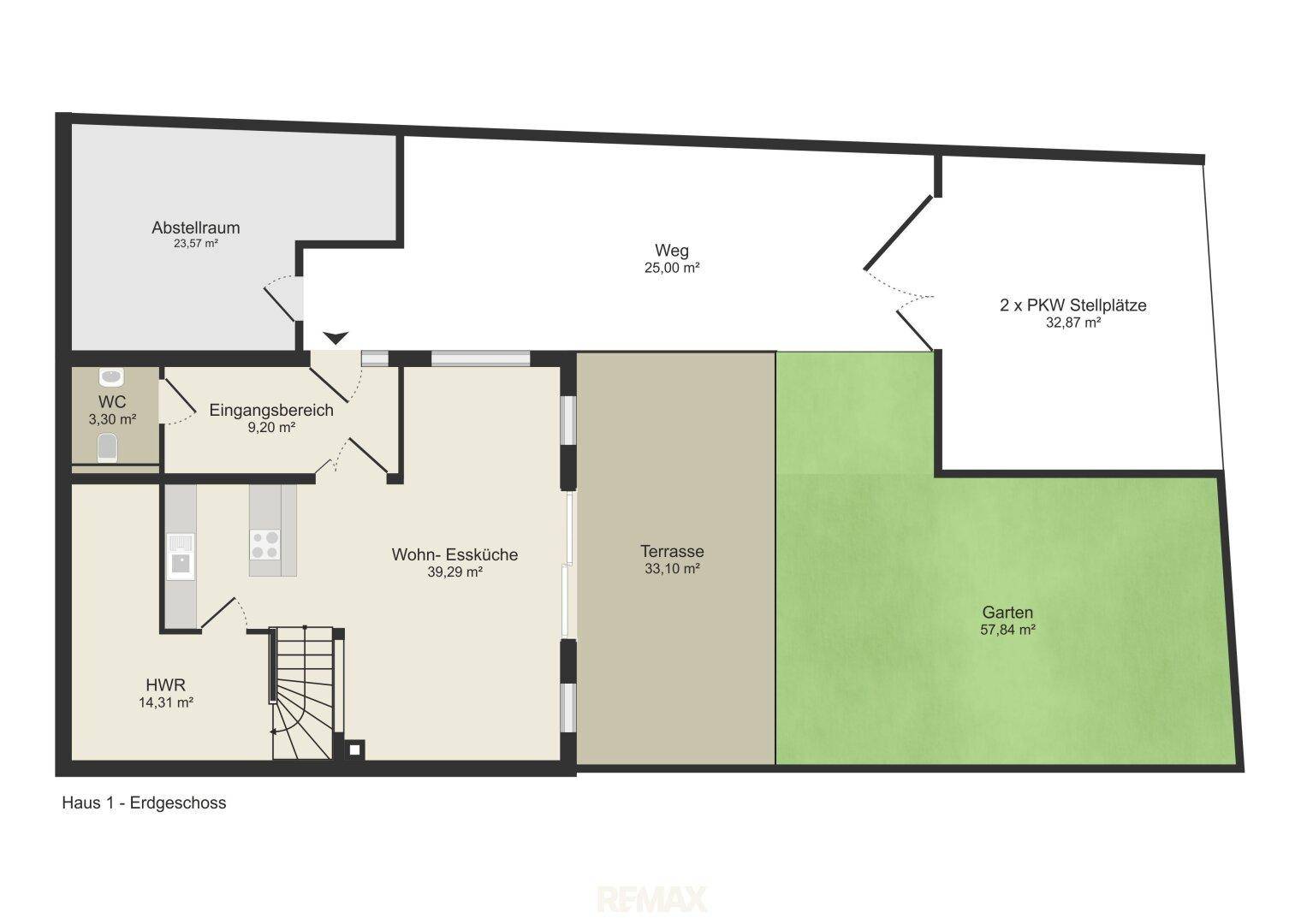 Grundriss des Erdgeschosses mit offener Wohn-Essküche, Terrasse, Garten und zwei Stellplätzen.