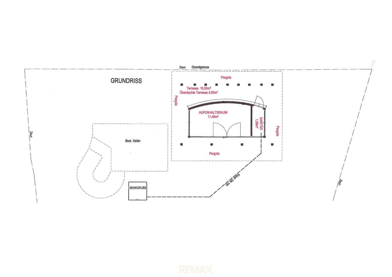Grundriss mit eingezeichnetem Aufenthaltsraum, Terrasse und Pergola-Struktur.