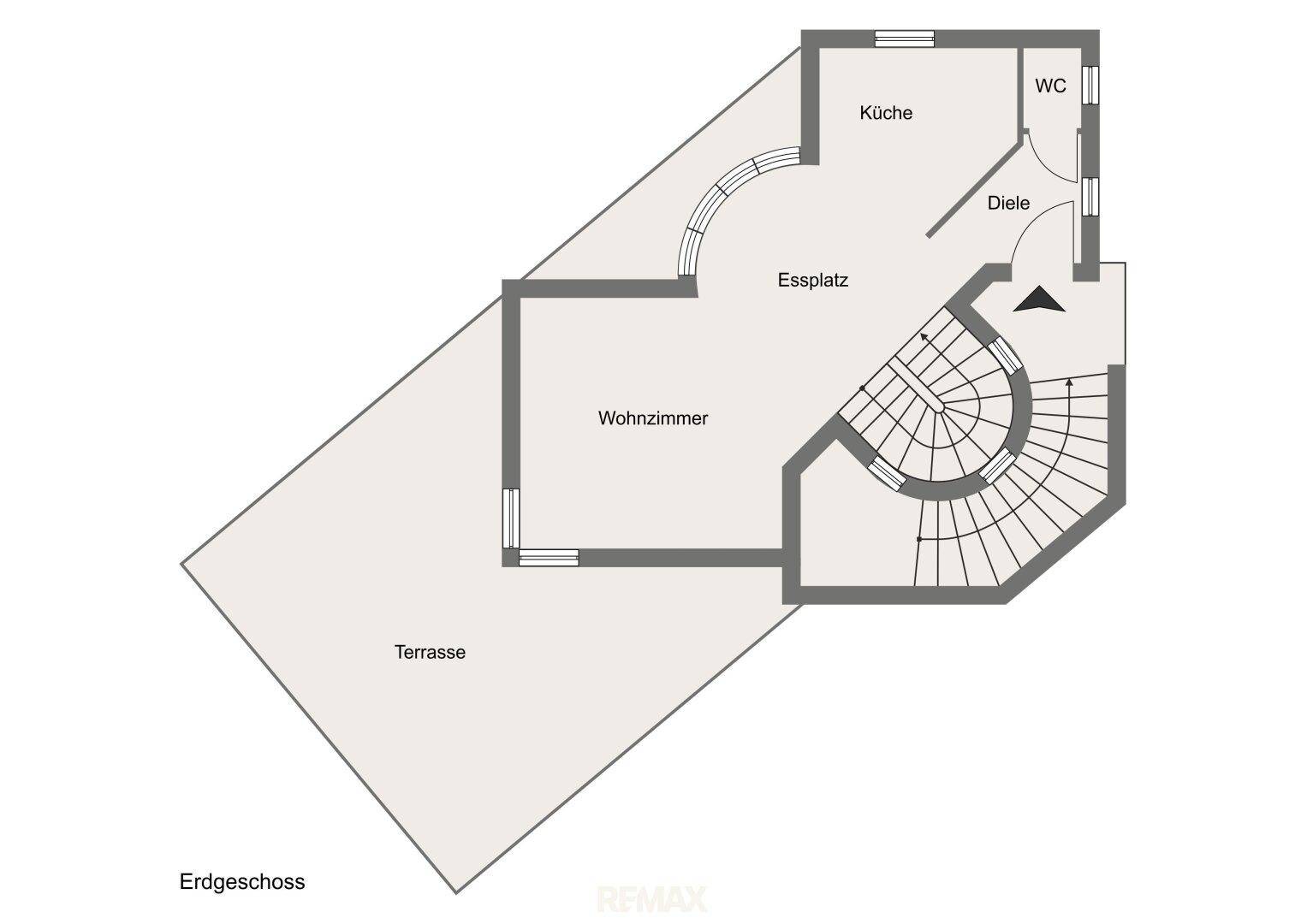 Grundriss des Erdgeschosses mit Wohnzimmer, Essplatz, Küche, WC und Terrasse.