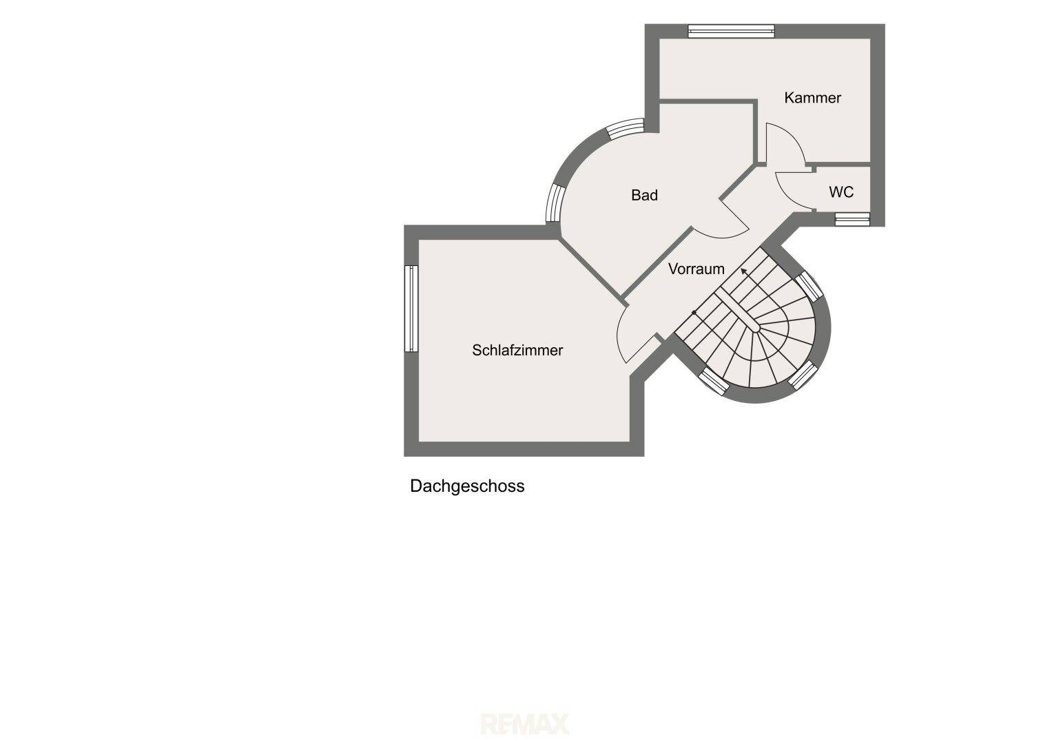 Grundriss des Dachgeschosses mit Schlafzimmer, Bad, WC, Abstellraum und Wendeltreppe.