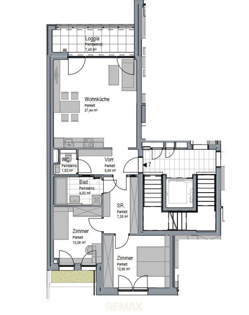 Grundriss einer Wohnung mit Wohnküche, zwei Zimmern, Bad, WC und Loggia.