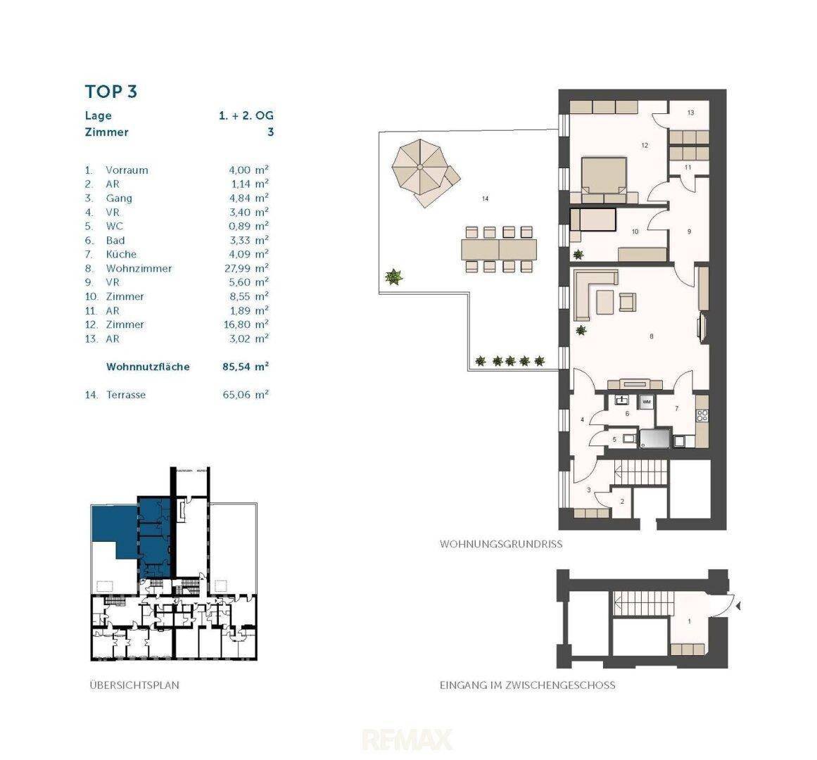 Detaillierter Grundriss einer Wohnung mit mehreren Zimmern und einer großen Terrasse.
