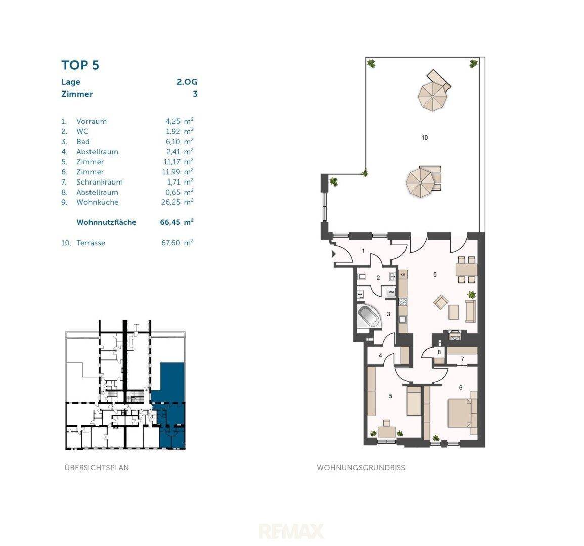 Grundriss einer Wohnung mit offener Wohnküche und großer Terrasse.