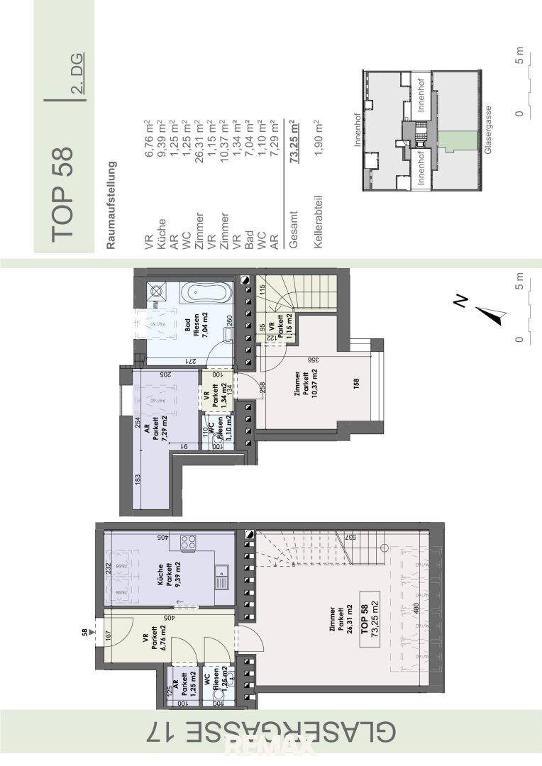 Detaillierter Grundriss einer Maisonette-Wohnung mit zwei Ebenen und Innenhofansicht.