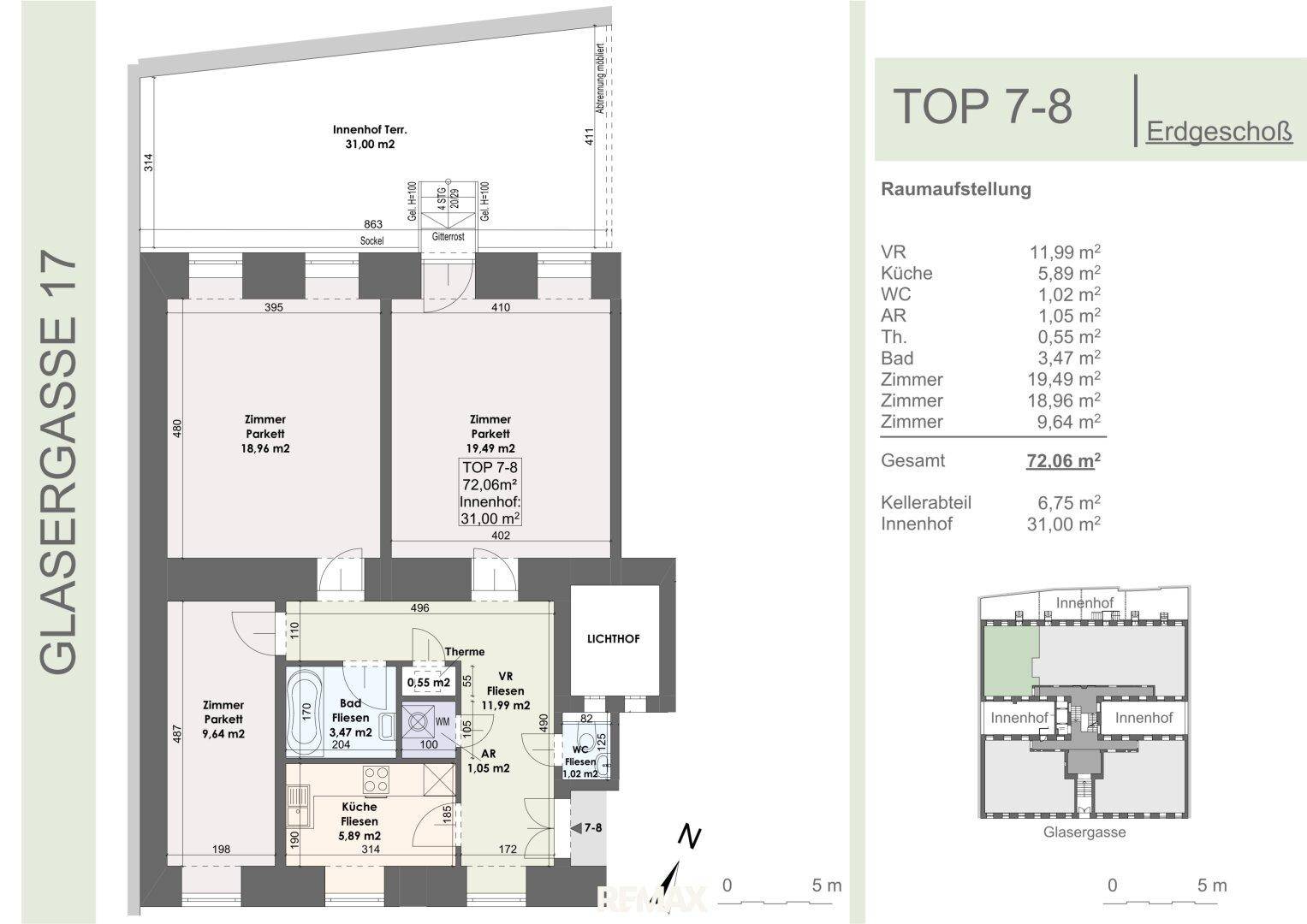 Grundriss für TOP 7-8 im Erdgeschoss mit Innenhof und Kellerabteil.