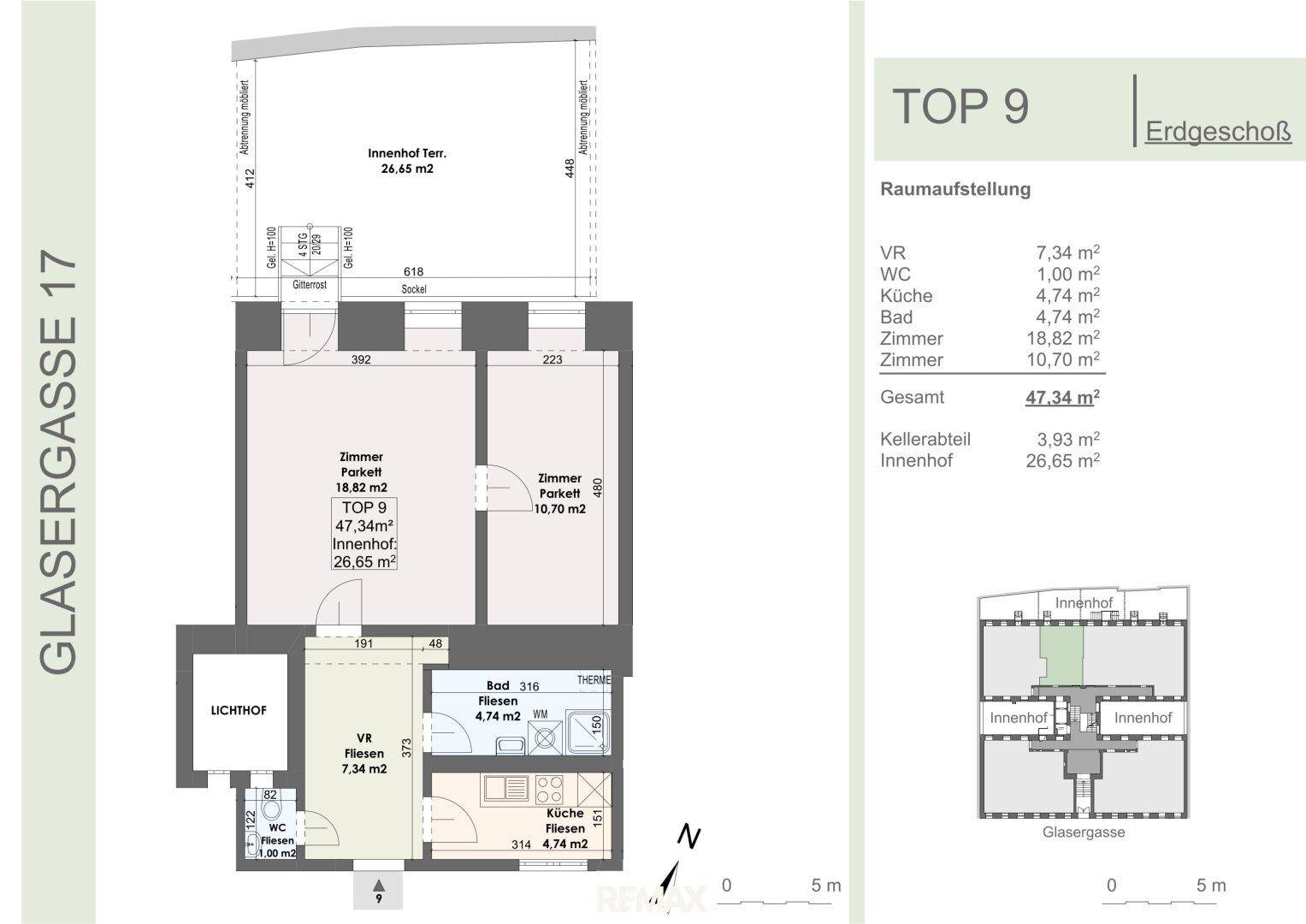 Grundriss für TOP 9 im Erdgeschoss mit Innenhof und Kellerabteil.