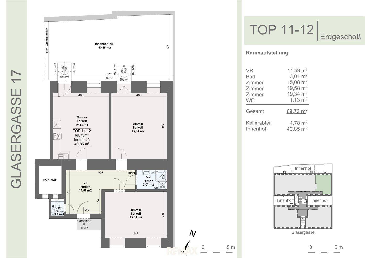 Grundriss für TOP 11-12 im Erdgeschoss mit Innenhof und Kellerabteil.