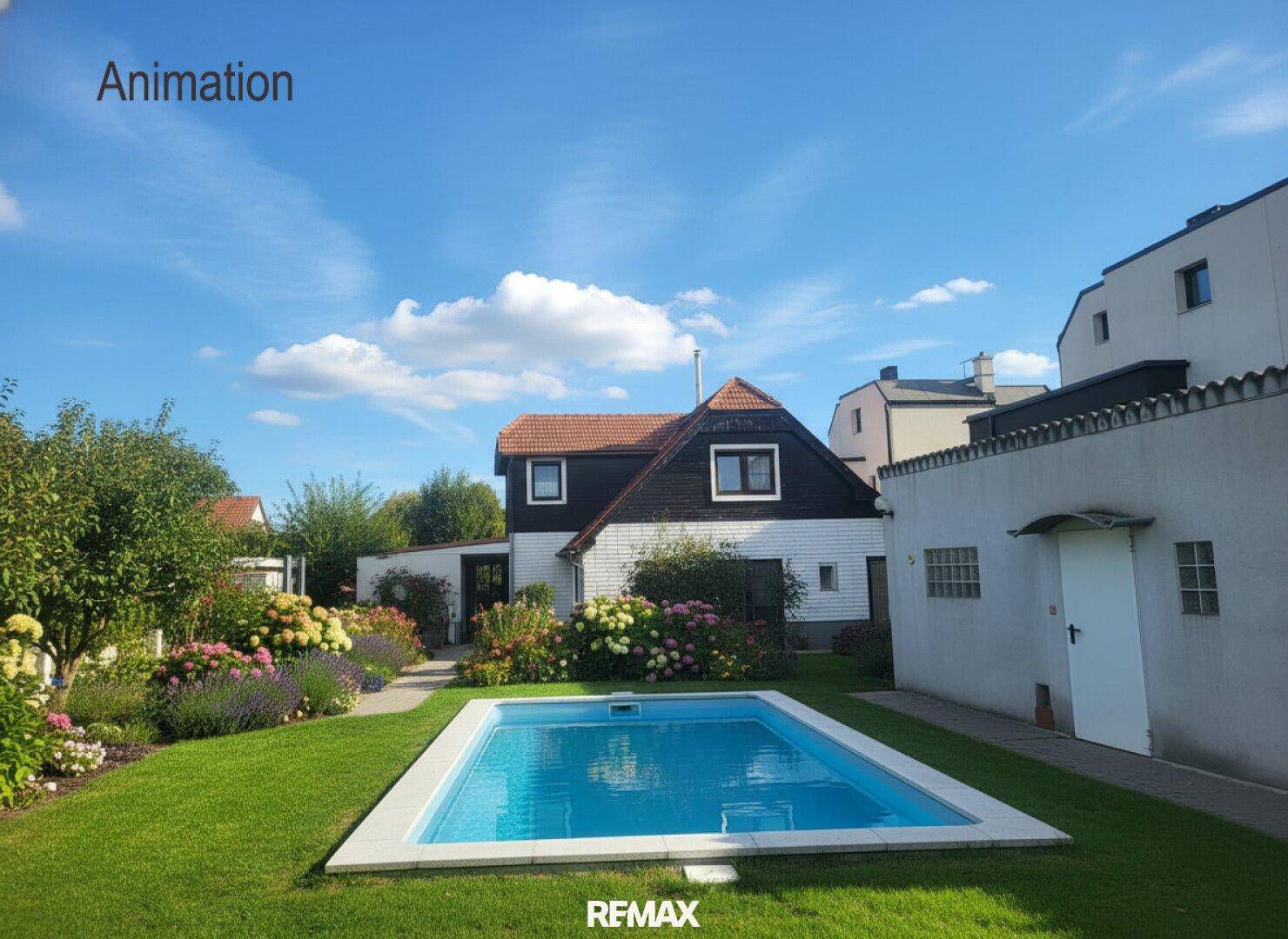 Großzügiger Garten mit Rasenfläche, Swimmingpool und blühenden Sträuchern.