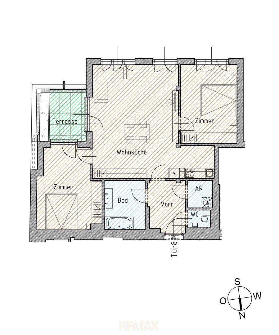 Grundriss einer Wohnung mit Wohnküche, zwei Zimmern, Bad und Terrasse.